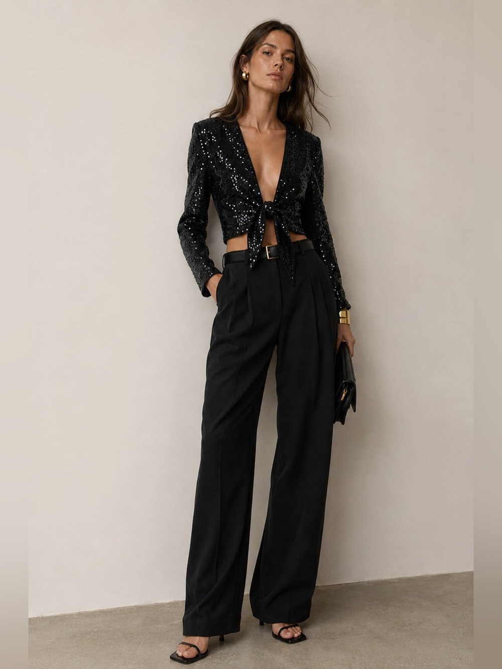 Abercrombie & Fitch black sequin tie front long sleeve crop top or jacket. XS